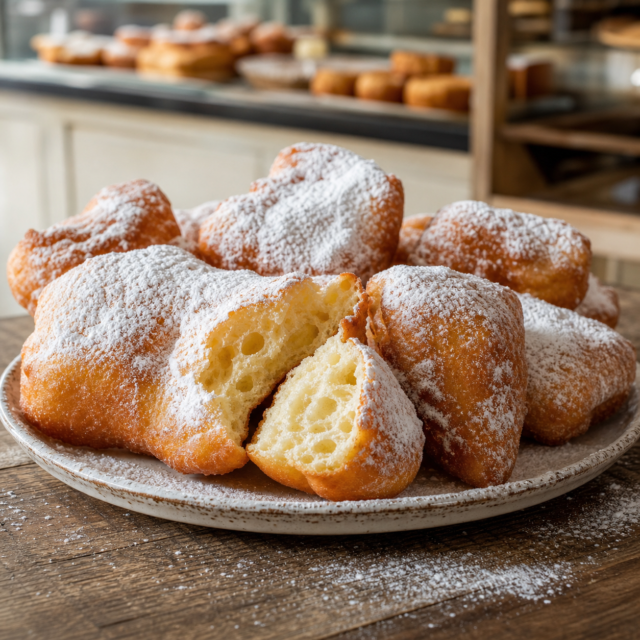 Fresh beignets dusted with powdered sugar