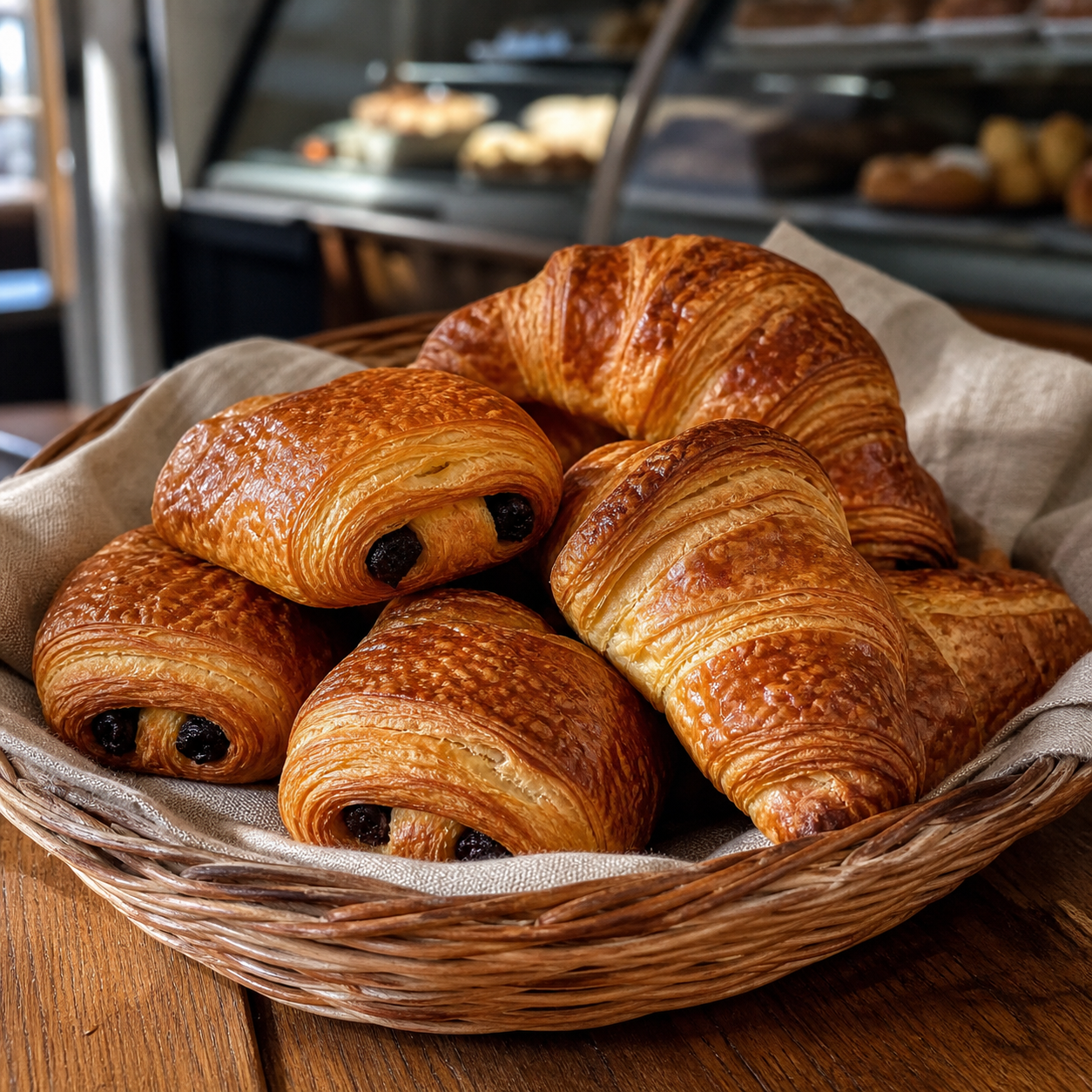 Basket of golden croissants and pain au chocolat